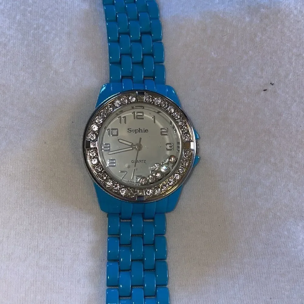 Ladies Sophie Rhinestone Wrist Watch Blue Chain Metal Band Fits Small Wrists